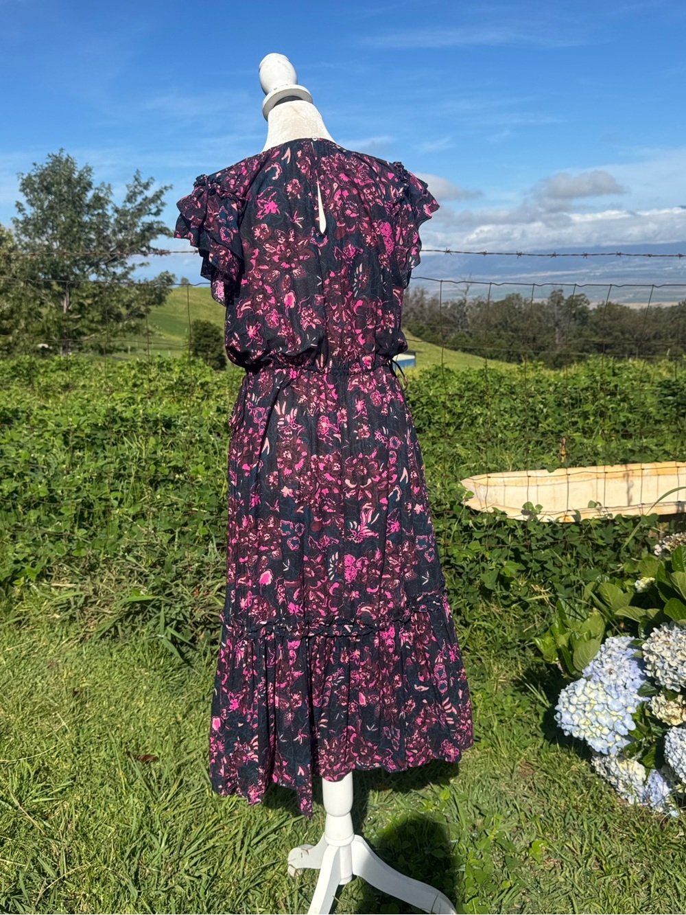 Ulla Johnson Arlene Maxi Dress Navy Blue Pink Floral Flutter Sleeve Tiered Sz 0 - Picture 5 of 8